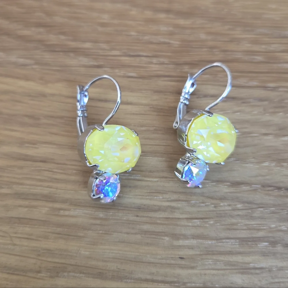 Silver Leverback Earrings with Yellow Sunshine Delite Crystals - Hand Crafted